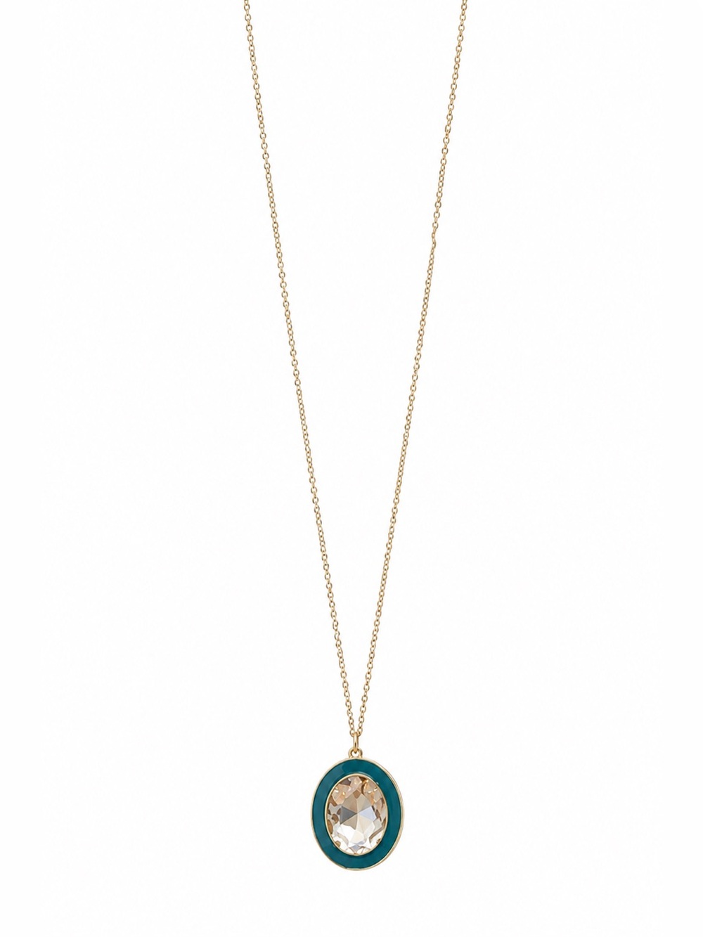 J.Crew Teal Enamel Crystal Pendant Necklace Gold Tone Long Chain